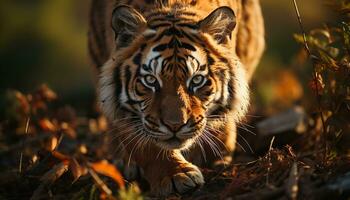 maestoso tigre, gattopardo nascondiglio nel autunno foresta, fissando a telecamera generato di ai foto