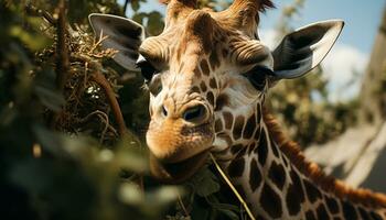 un' maestoso giraffa nel il africano natura selvaggia, vicino su e bellissimo generato di ai foto