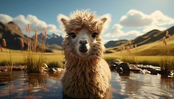 un' carino alpaca sorrisi, pascolo nel un' verde prato sotto tramonto generato di ai foto