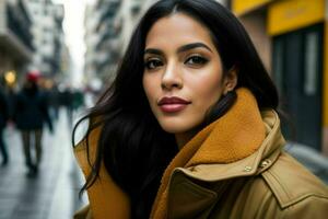 bellissimo donna nel un' cappotto su il strada. ai generativo professionista foto