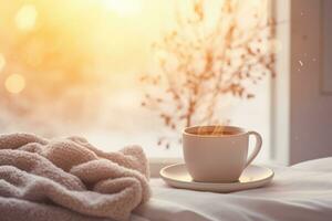 accogliente foto. un' tazza di caffè, un' coperta di il finestra, Natale luci, inverno foto