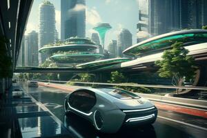 città di il futuro, autonomo guida autonoma 3d auto in movimento attraverso città autostrada foto