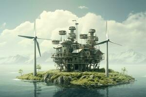 fantasia paesaggio con vento turbine nel il oceano. 3d illustrazione, eco alternativa elettricità energia sistema, ai generato foto