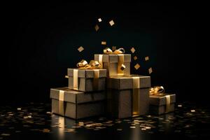 d'oro regalo scatole con oro nastri su un' nero sfondo. regalo, nuovo anno, Natale, nero Venerdì foto