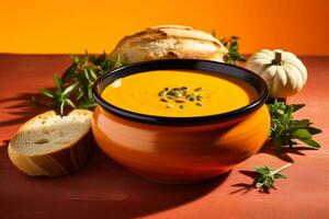 buongustaio zucca la minestra con rustico contorno isolato su un' pendenza arancia sfondo foto