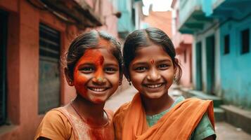 Due carino sorridente indiano gemello ragazze con piercing e dipingere su loro facce, generativo ai foto