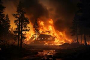 solitario di legno Casa ardente pesantemente con un' enorme fuoco nel il foresta foto