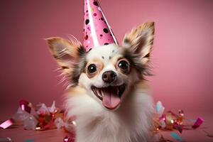 carino adorabile chihuahua sorridente nel un' rosa compleanno cappello su un' rosa sfondo. compleanno festa di celebrazione concetto foto