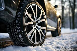 lato Visualizza di un nero auto con un' inverno pneumatici su un' nevoso strada foto