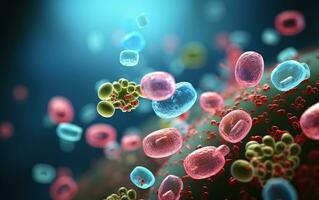 medico fantascienza illustrazione con vario cellule e microrganismi su un' sfocato sfondo foto