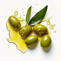 avvicinamento di verde olive con le foglie nel oliva olio isolato su bianca sfondo, generato ai foto