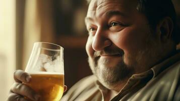 vicino su ritratto di un' Grasso sorridente uomo con un' bicchiere di un' freddo birra, generativo ai foto