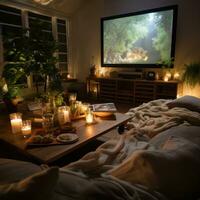 film notte a casa. accogliente, intimo, casuale, comodo, romantico foto