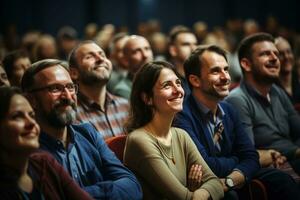 un' gruppo di sorridente le persone, donne e uomini a un' conferenza, un pubblico a un' seminario, laboratorio o addestramento, generativo ai foto