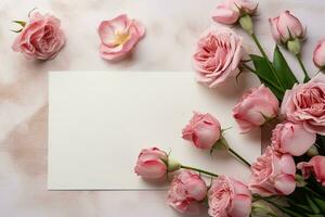modello bianca vuoto carta foglio con rosa Rose fiori superiore Visualizza Su, floreale modello vuoto carta piatto posare per design con copia spazio foto