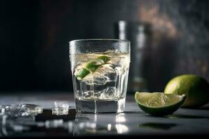 Tequila, Gin, Rum o Vodka con lime nel un vecchio stile bicchiere su un' sfocato sfondo di un' bar contatore foto