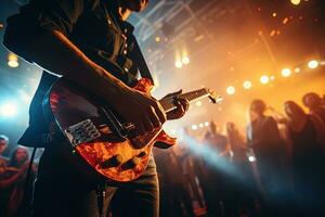 musicista nel luminosa leggero e Fumo circondato di un' folla con un' chitarra a un' concerto foto