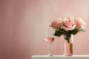 rosa vino nel un' bicchiere Il prossimo per rosa Rose nel un' trasparente vaso su un' pastello rosa sfondo. foto