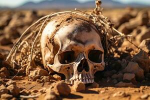 avvicinamento di un' umano cranio nel il secco sabbia deserto foto