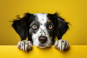 carino giovane impaurito cane sbirciando su contro luminosa giallo sfondo foto