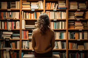 donna seduta nel il biblioteca nel davanti di il scaffali con libri Visualizza a partire dal il Indietro, generativo ai foto