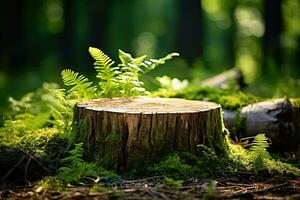 un' grande ceppo nel un' verde foresta con un' macchia solare su esso. sfondo per pubblicità ecologico naturale l'ambiente amichevole prodotti foto