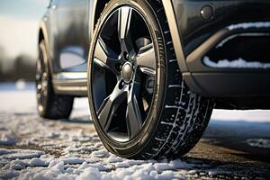 lato Visualizza di ruote con inverno pneumatici su un' nero auto su un' nevoso strada foto