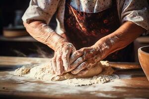 avvicinamento di il mani di un anziano donna fabbricazione Impasto su un' di legno tavolo foto