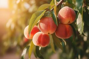 fresco gustoso Pesche su un' ramo su un' sfocato naturale sfondo, generativo ai foto