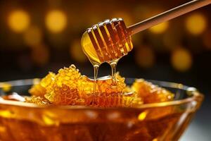 di legno cucchiaio di Miele, miele fluente su favi nel un' trasparente ciotola su un' sfocato buio scintillante giallo sfondo foto