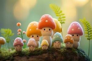 impostato di carino provato giocattoli funghi nel pastello colori su un' sfocato primavera foresta sfondo foto