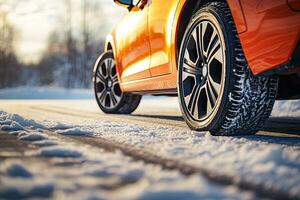 lato Visualizza di un arancia auto con un' inverno pneumatici su un' nevoso strada foto