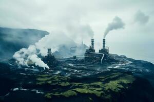 geotermico energia stazione annidato in mezzo nebbioso vulcanico paesaggi raccolta terre calore foto