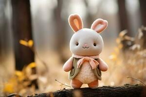 carino provato giocattolo coniglietto nel il autunno foresta, generativo ai foto