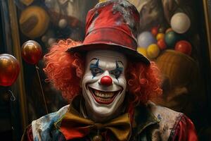 pauroso sorridente pazzo clown nel logoro sporco Abiti e rosso cappello e superiore cappello su un' buio sfocato sfondo. menzogna concetto. mostro nel divertente completo da uomo foto