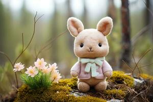 carino ingenuo provato giocattolo coniglietto nel il primavera foresta sfocato sfondo foto