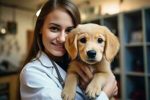 sorridente femmina veterinario amorevolmente Tenere carino poco d'oro cane da riporto cucciolo nel animale domestico clinica, generativo ai foto