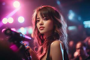giovane affascinante asiatico k-pop idolo ragazza sotto festa luci foto