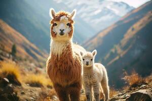 ritratto di un alpaca e un' piccolo alpaca chiamato cria nel il valle di il verde montagne foto