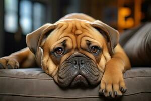 triste calma Marrone cane dire bugie su il divano foto
