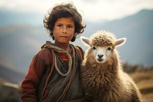 ritratto di un alpaca e un' ragazzo nel il valle di il verde montagne foto