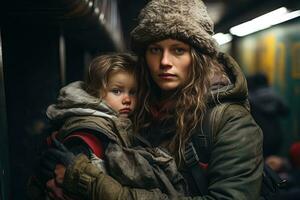 un' povero senza casa occhi azzurri profugo donna nel logoro su Abiti e un' cappello abbracci sua figlia a un' metropolitana stazione. foto