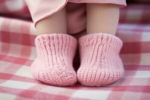 poco neonato bambino gambe nel rosa a maglia lana calzini contro il sfondo di un' tessuto di rosa e bianca dama foto