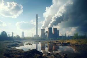 grande fabbrica o energia pianta inquinanti natura con Fumo e emissioni. ecologia concetto foto