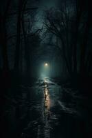 verticale Immagine di pauroso buio notte parco vicolo dopo pioggia con uno lanterna nel il distanza foto