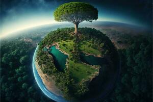illustrazione di pianeta terra con un' gigante albero, visto a partire dal spazio. generativo ai foto