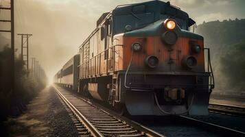 locomotiva passeggeri treno ferrovia su un' rotaia strada. ai generato. foto