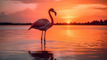 silhouette di rosso americano fenicottero uccelli nel il acqua e riflessione nel il sera tramonto nel un' grande lago. ai generato. foto