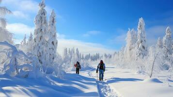 ciaspolate. tranquillo, calmo passeggiate attraverso innevato paesaggi foto