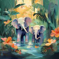 carino elefante nel il tropicale giungla, per libro di storia, bambini prenotare, manifesto, compleanno elemento, invito carta eccetera. foto